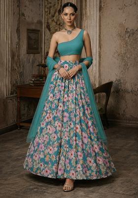 Powder Blue Floral Print Crepe Lehenga Set