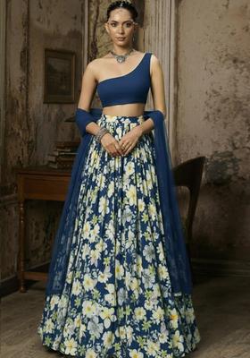 Midnight Blue Floral Print Crepe Lehenga Set
