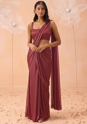 Copper Brown Solid Lycra Pre Draped Saree Set