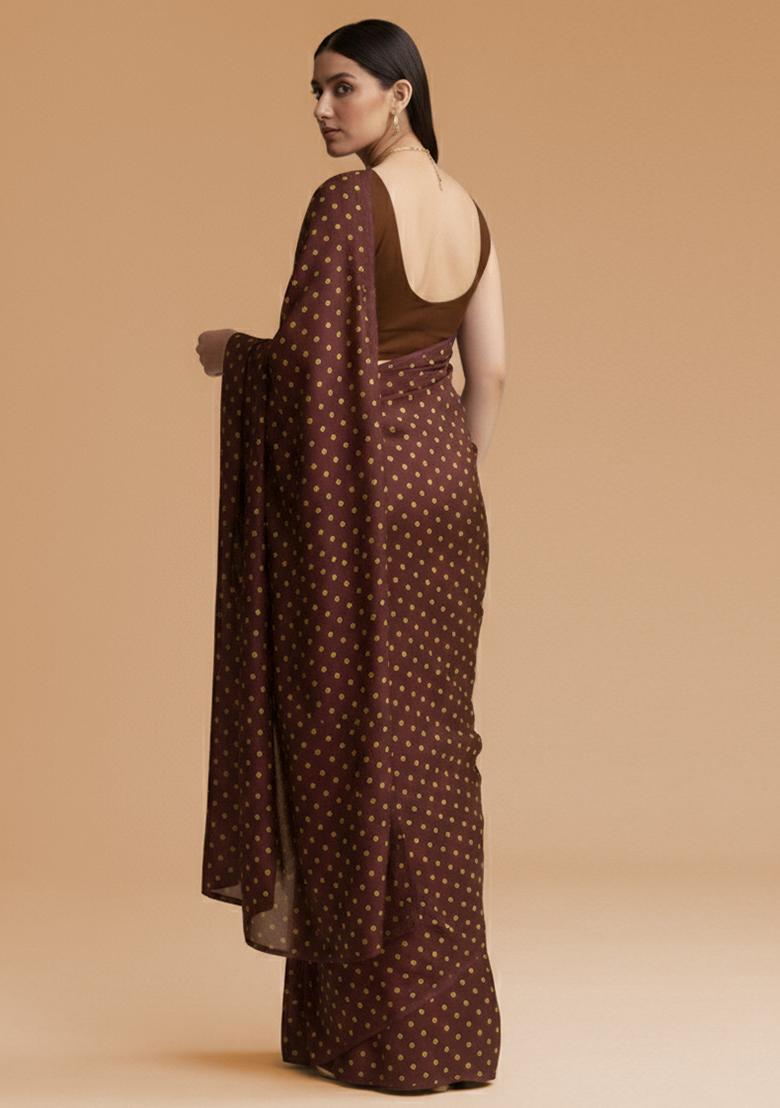 Brown Bandhani Print Crepe Pre Draped Saree Set - Indya