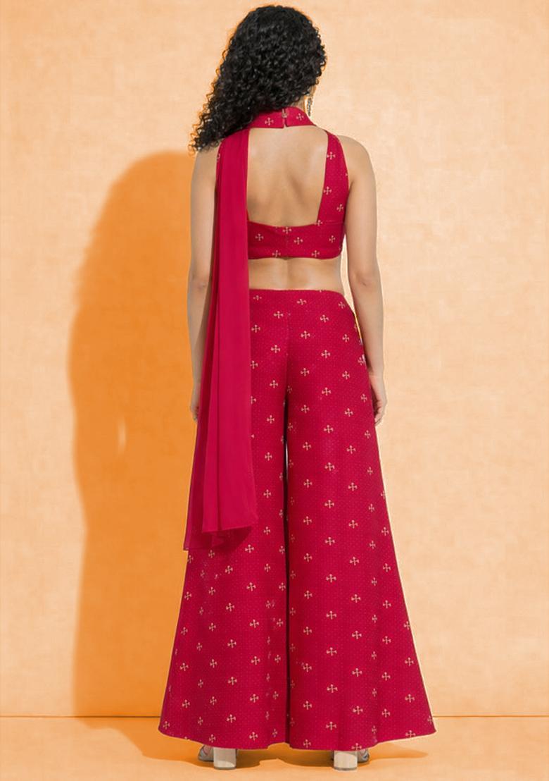 Deep Red Embroidered Organza Fusion Set - Indya
