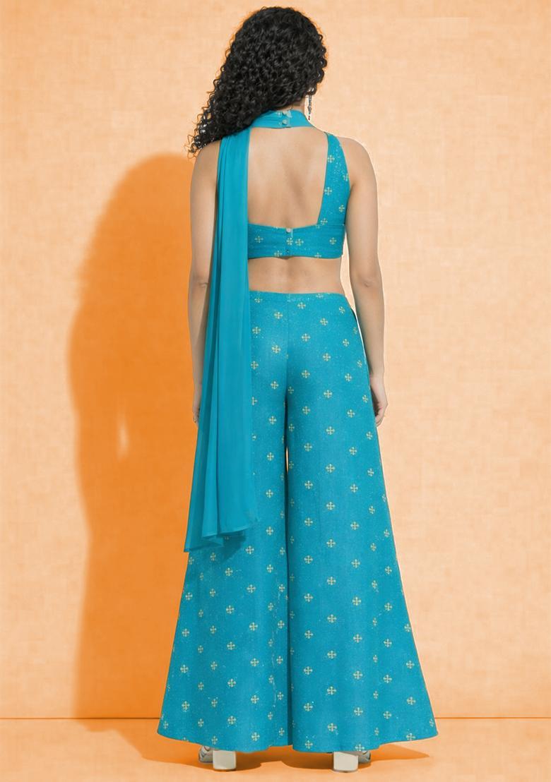 Aqua Blue Embroidered Organza Fusion Set - Indya