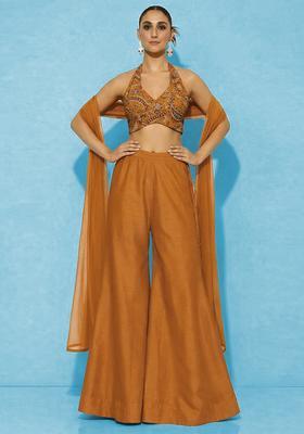 Orange Embroidered Crepe Fusion Set