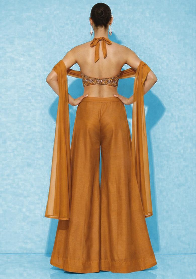 Orange Embroidered Crepe Fusion Set - Indya