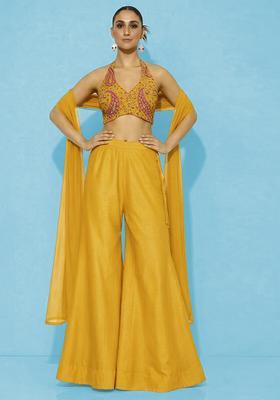 Yellow Embroidered Crepe Fusion Set