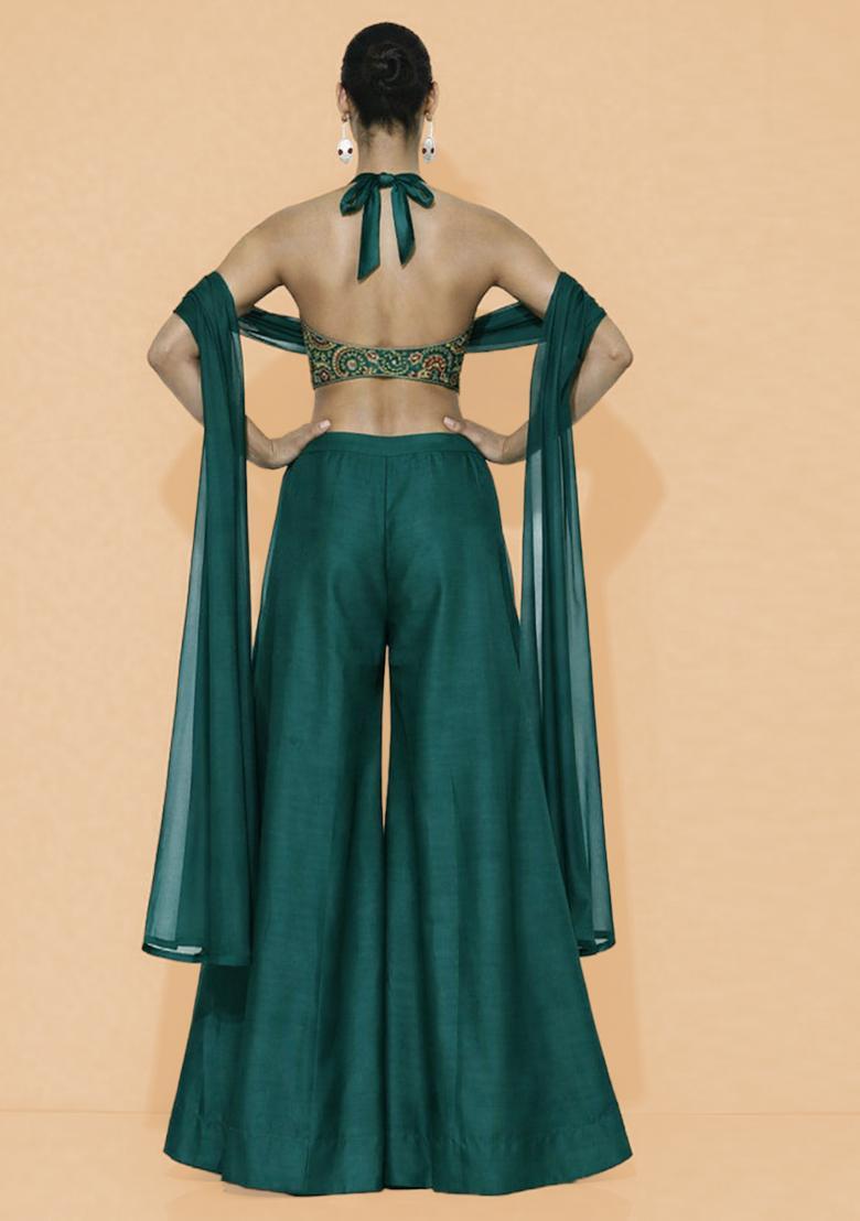 Emerald Green Embroidered Crepe Fusion Set - Indya