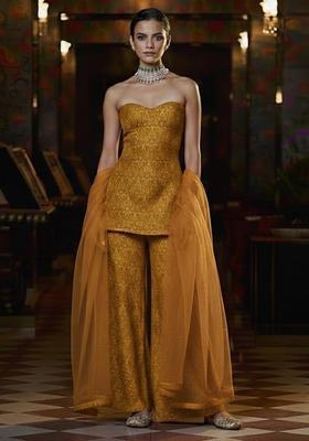 Mustard Paisley Print Silk Blend Fusion Set
