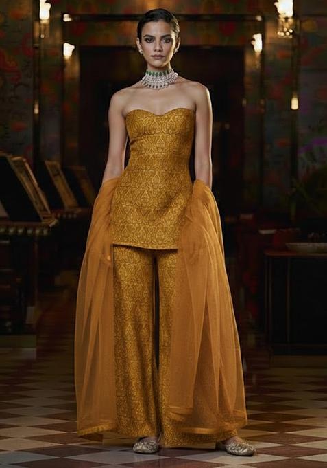 Mustard Paisley Print Silk Fusion Set