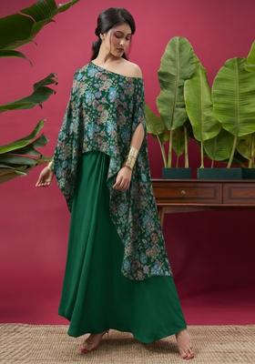 Dark Green Floral Print Chinon Fusion Set