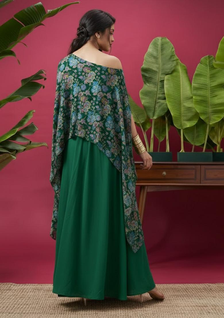 Dark Green Floral Print Chinon Fusion Set - Indya
