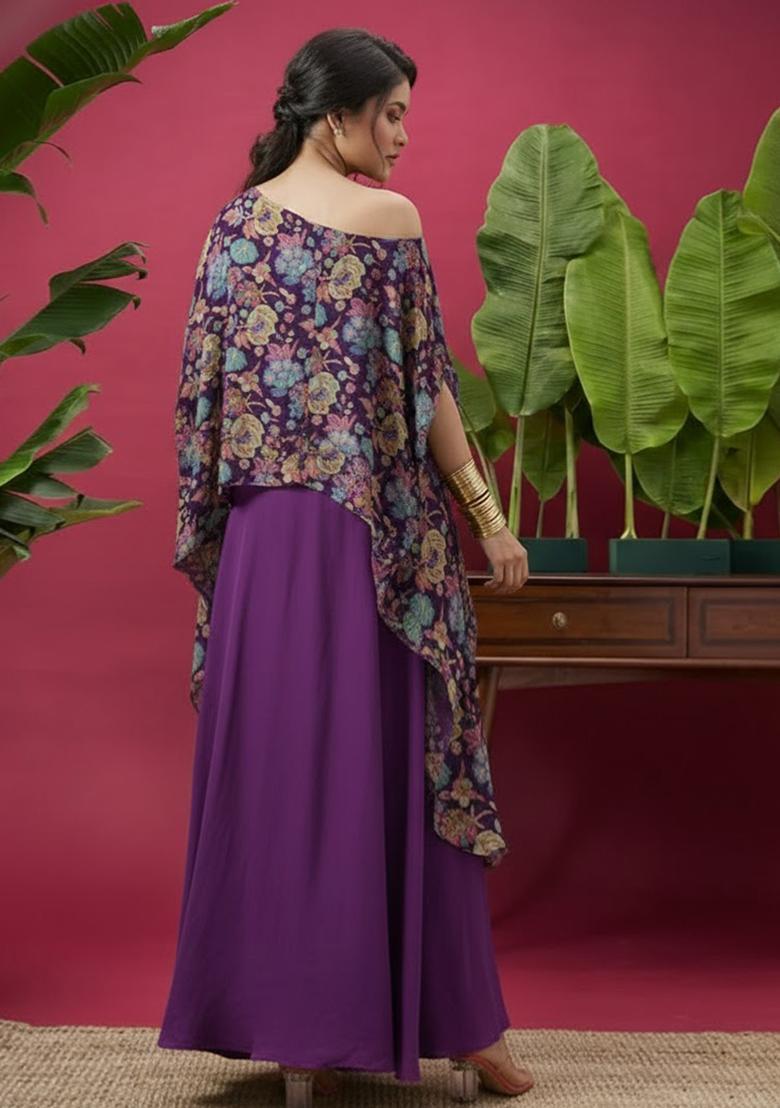 Royal Purple Floral Print Chinon Fusion Set - Indya