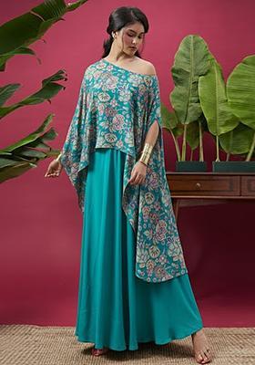 Aqua Green Floral Print Chinon Fusion Set