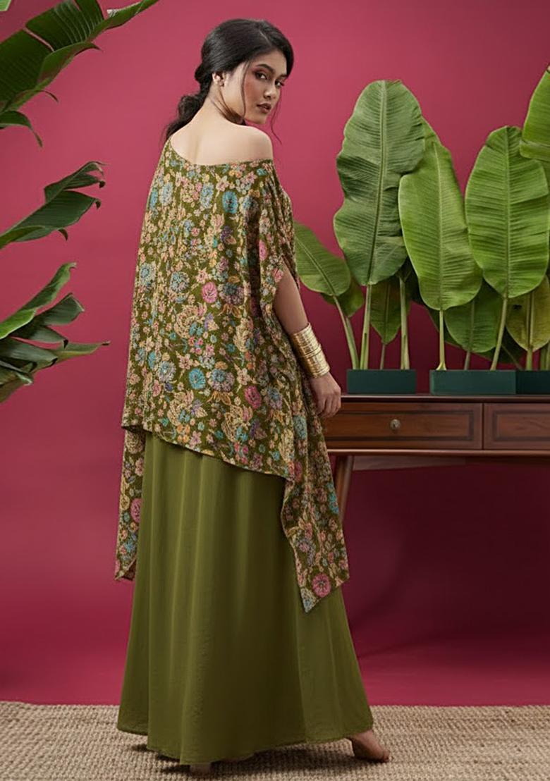Olive Green Floral Print Chinon Fusion Set - Indya