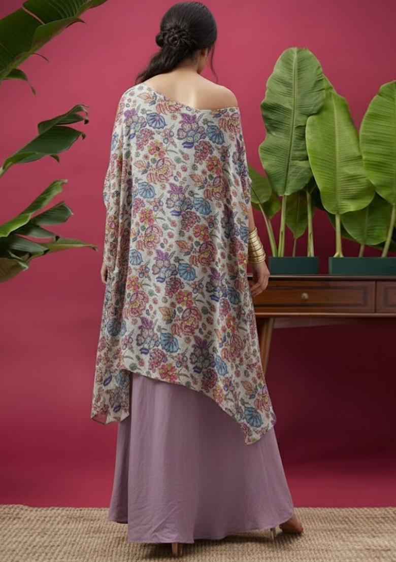 Lavender Floral Print Chinon Fusion Set - Indya