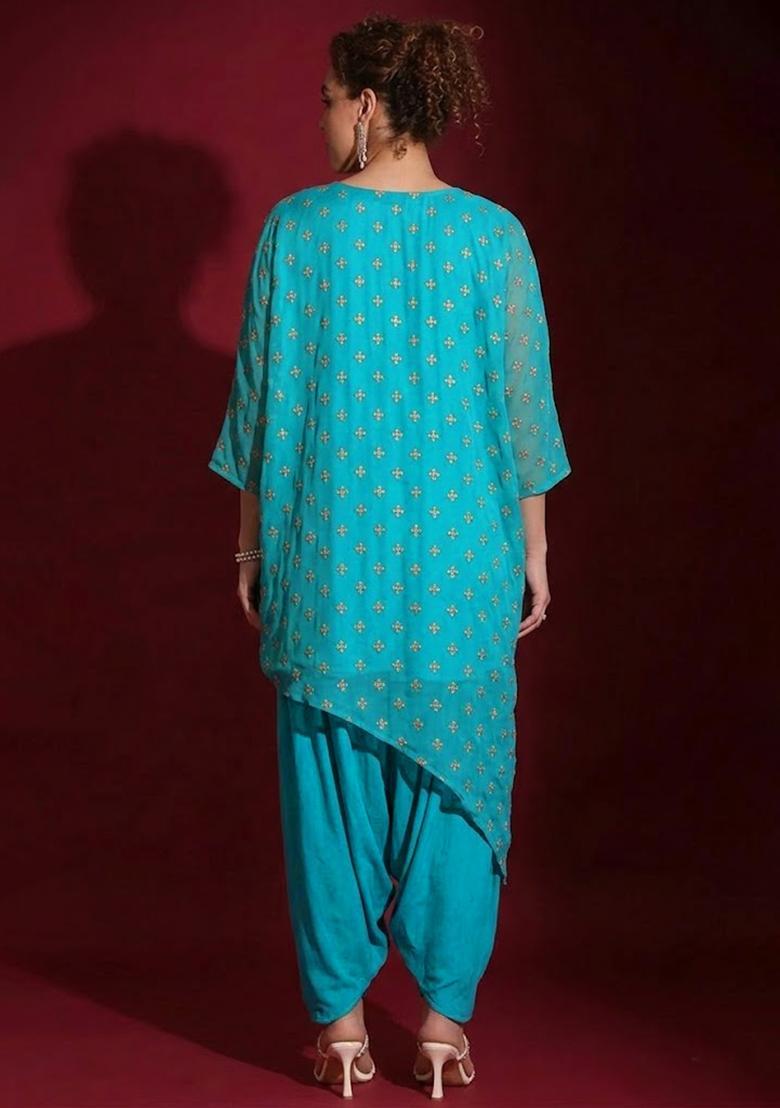 Aqua Blue Embroidered Organza Fusion Set - Indya