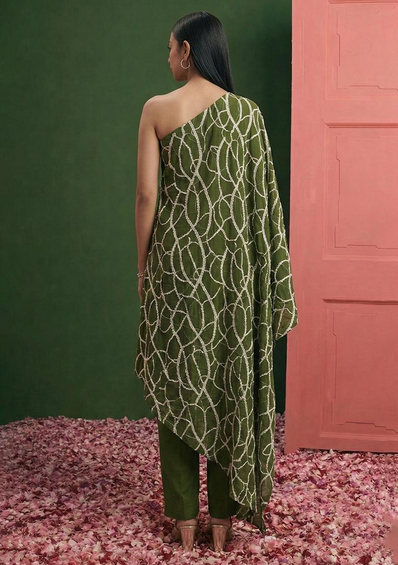 Olive Green Embroidered Georgette Fusion Set - Indya