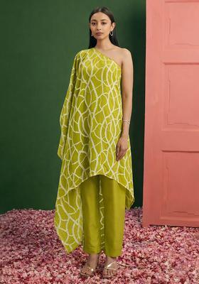 Lime Green Embroidered Georgette Fusion Set