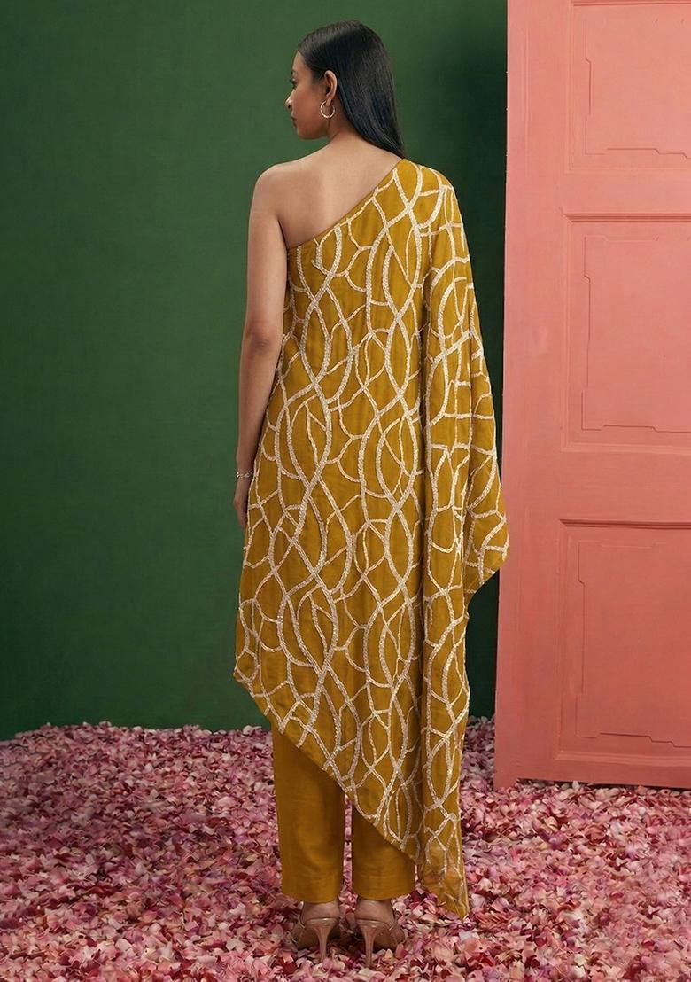 Mustard Embroidered Georgette Fusion Set - Indya