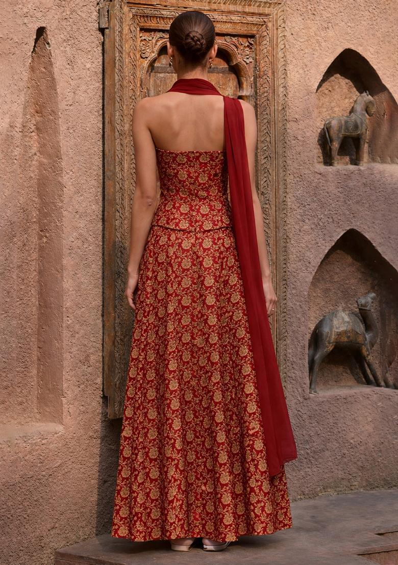 Red Jacquard Silk Blend Fusion Set - Indya