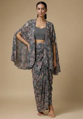 Grey Floral Print Crepe Fusion Set