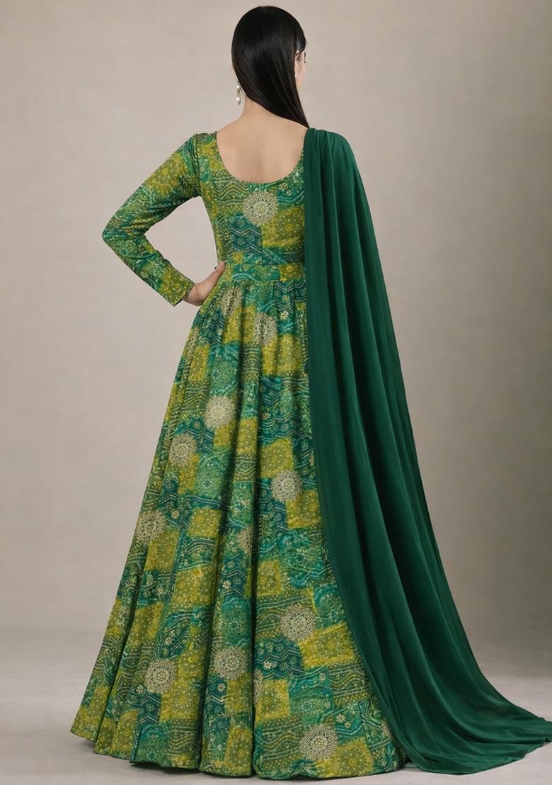 Emerald Green Printed Crepe Anarkali With Dupatta - Indya