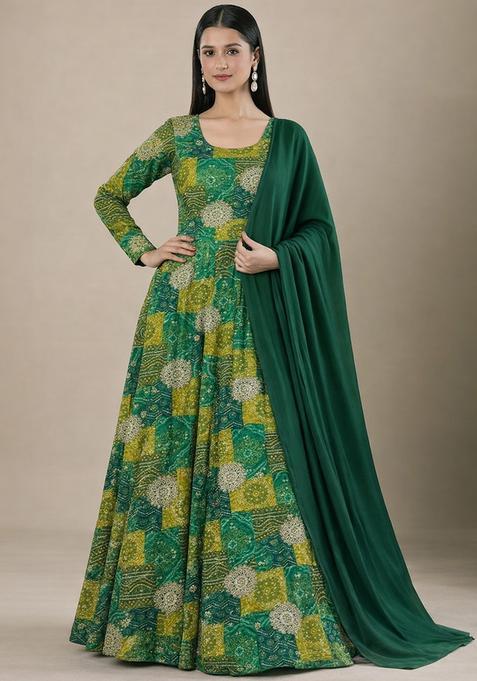 Emerald Green Printed Crepe Anarkali With Dupatta