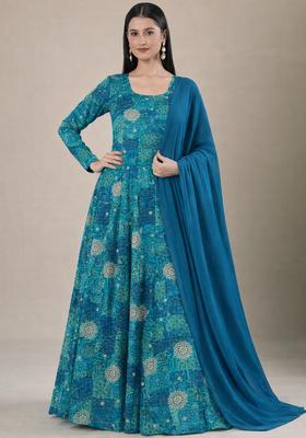 Teal Blue Printed Crepe Anarkali With Dupatta
