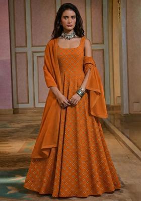 Rust Printed Crepe Anarkali With Dupatta