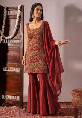 Deep Red Embroidered Crepe Sharara Set