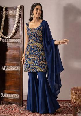 Navy Blue Embroidered Crepe Sharara Set