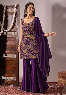 Purple Embroidered Crepe Sharara Set