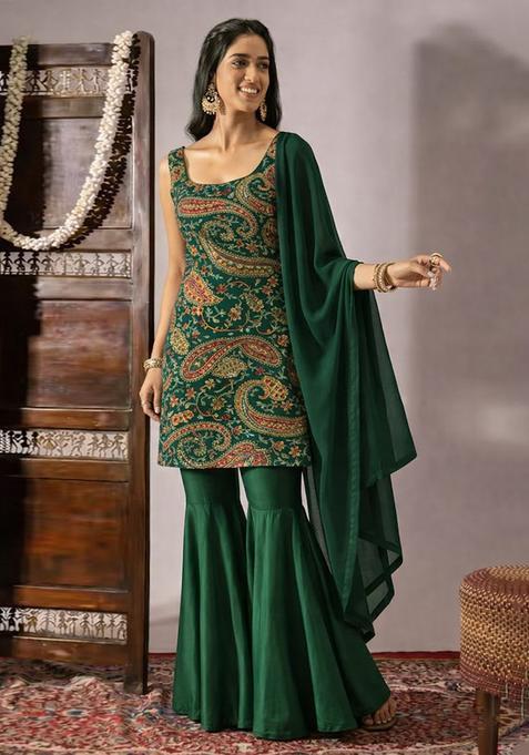 Bottle Green Embroidered Crepe Sharara Set