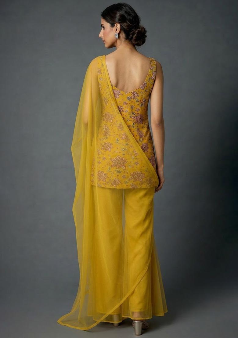 Mustard Floral Print Organza Sharara Set - Indya