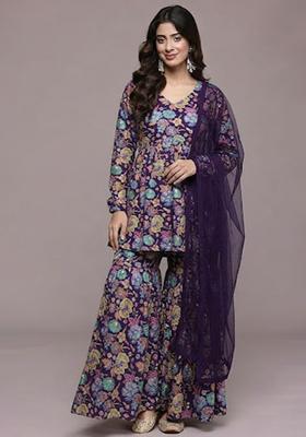Purple Floral Print Chinon Sharara Set