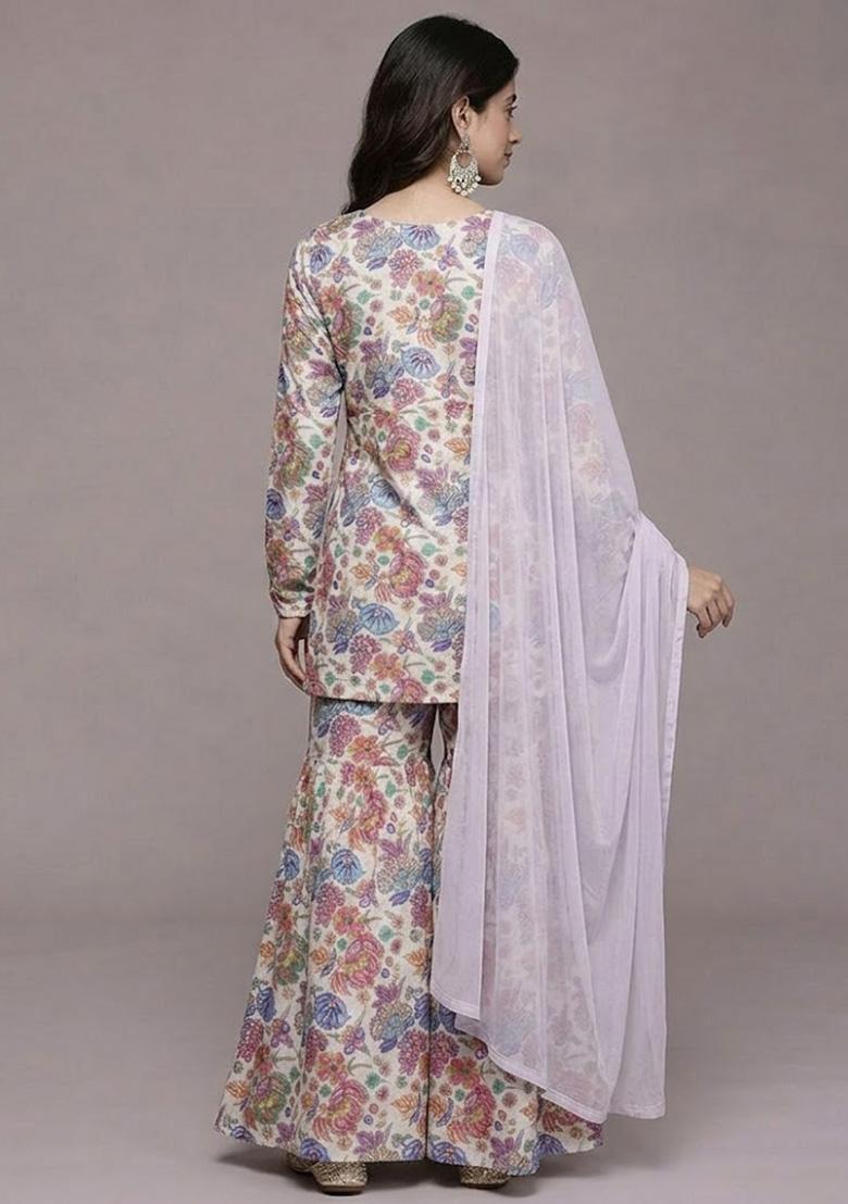 Off White Floral Print Chinon Sharara Set - Indya