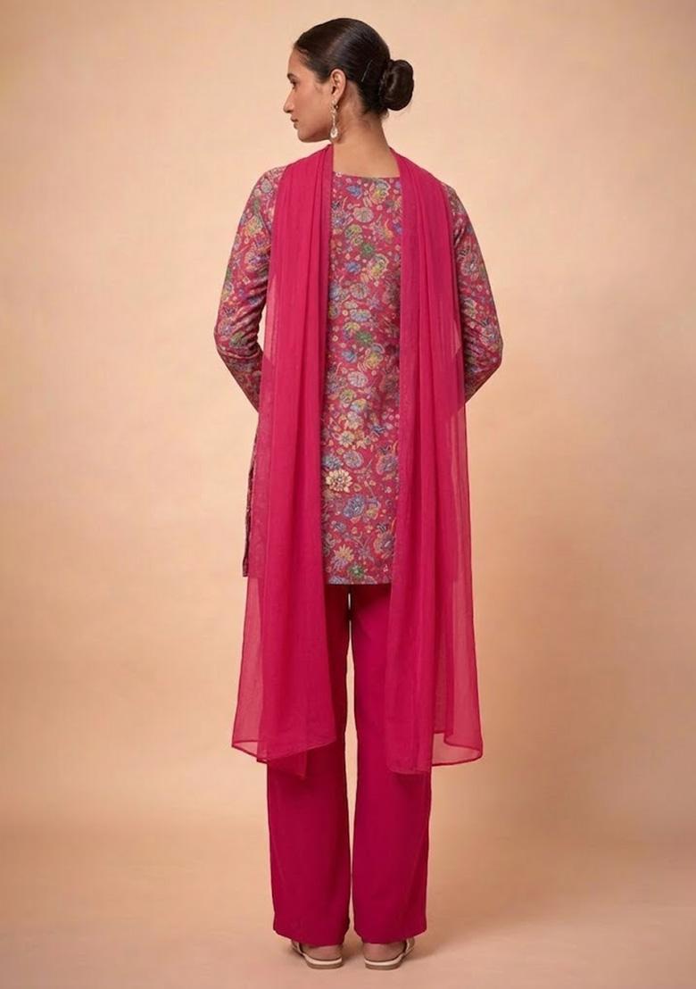 Rani Pink Floral Print Chinon Pakistani Suit Set - Indya