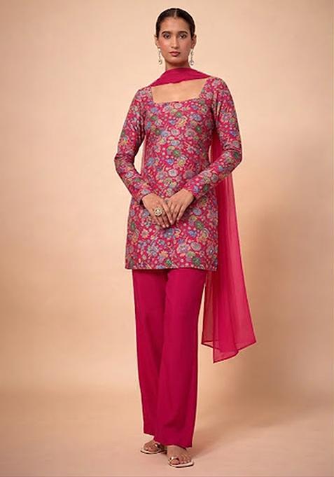 Rani Pink Floral Print Chinon Pakistani Suit Set
