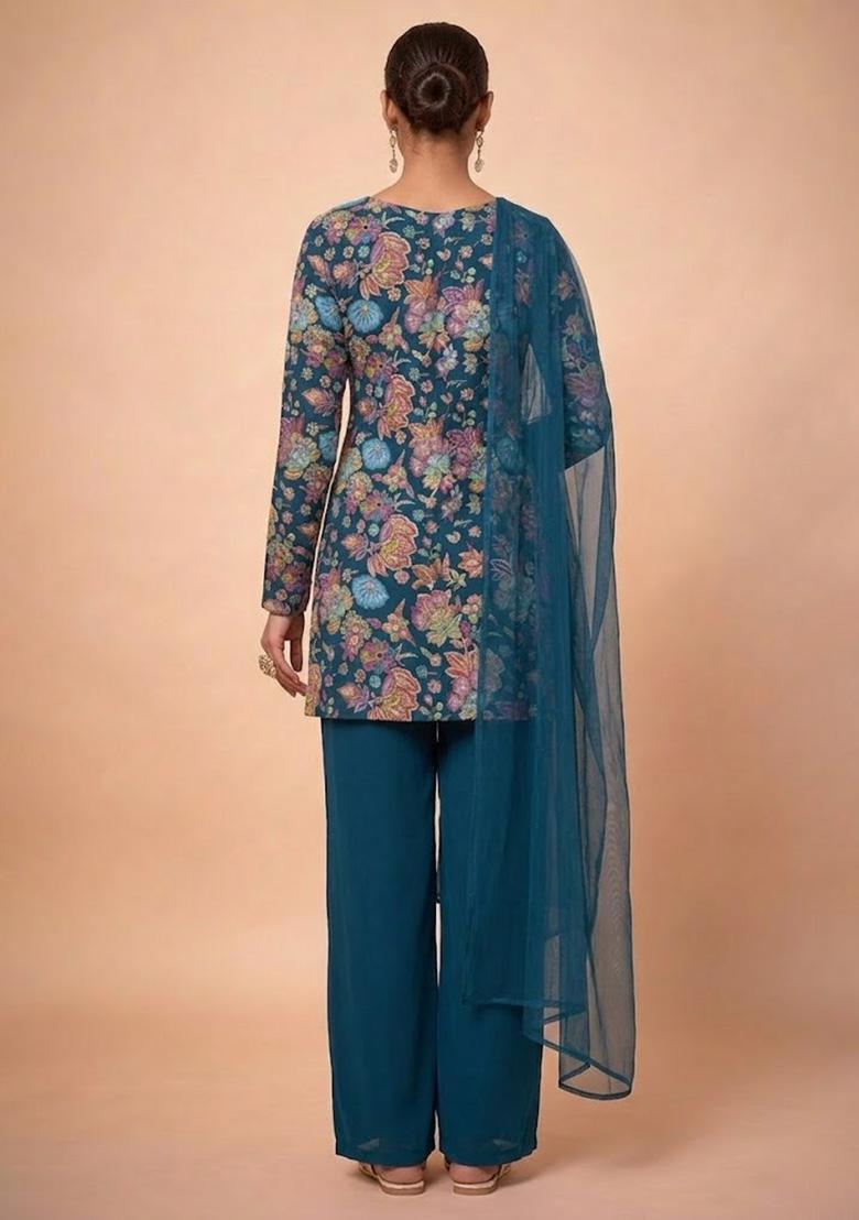 Teal Blue Embroidered Chinon Pakistani Suit Set - Indya