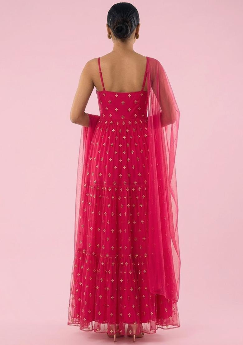 Rani Pink Embroidered Organza Anarkali With Dupatta - Indya
