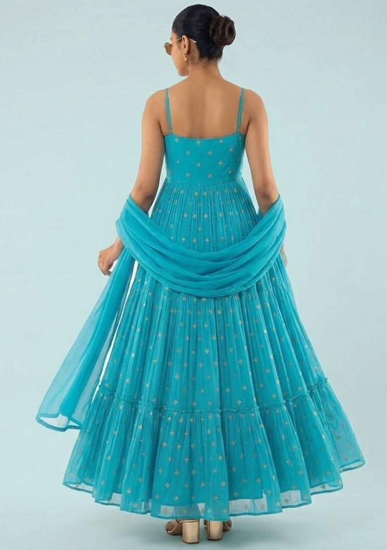 Aqua Green Embroidered Organza Anarkali With Dupatta - Indya