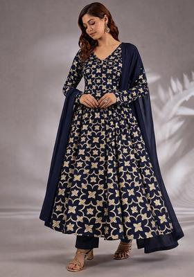 Navy Blue Jacquard Silk Blend Anarkali Set