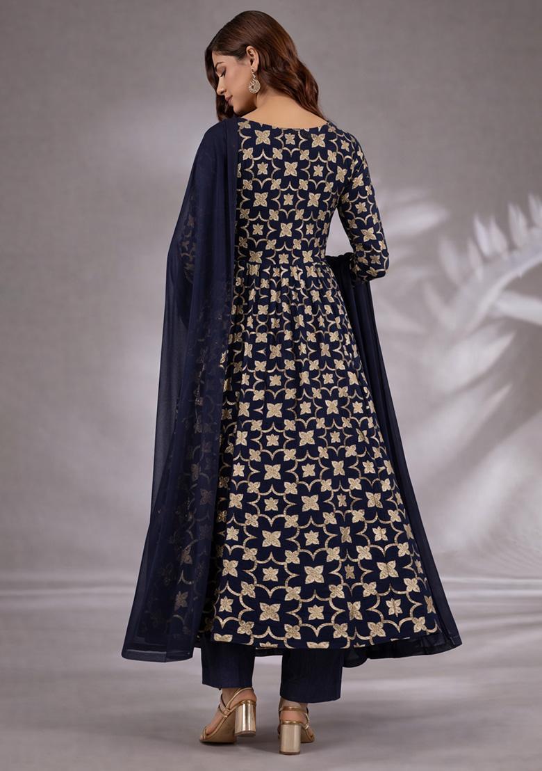 Navy Blue Jacquard Silk Blend Anarkali Set - Indya