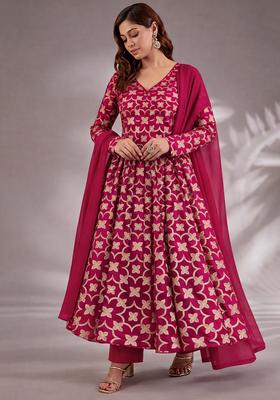 Rani Pink Jacquard Silk Blend Anarkali Set