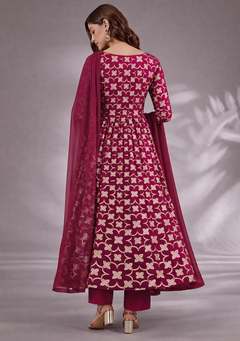 Rani Pink Jacquard Silk Blend Anarkali Set - Indya
