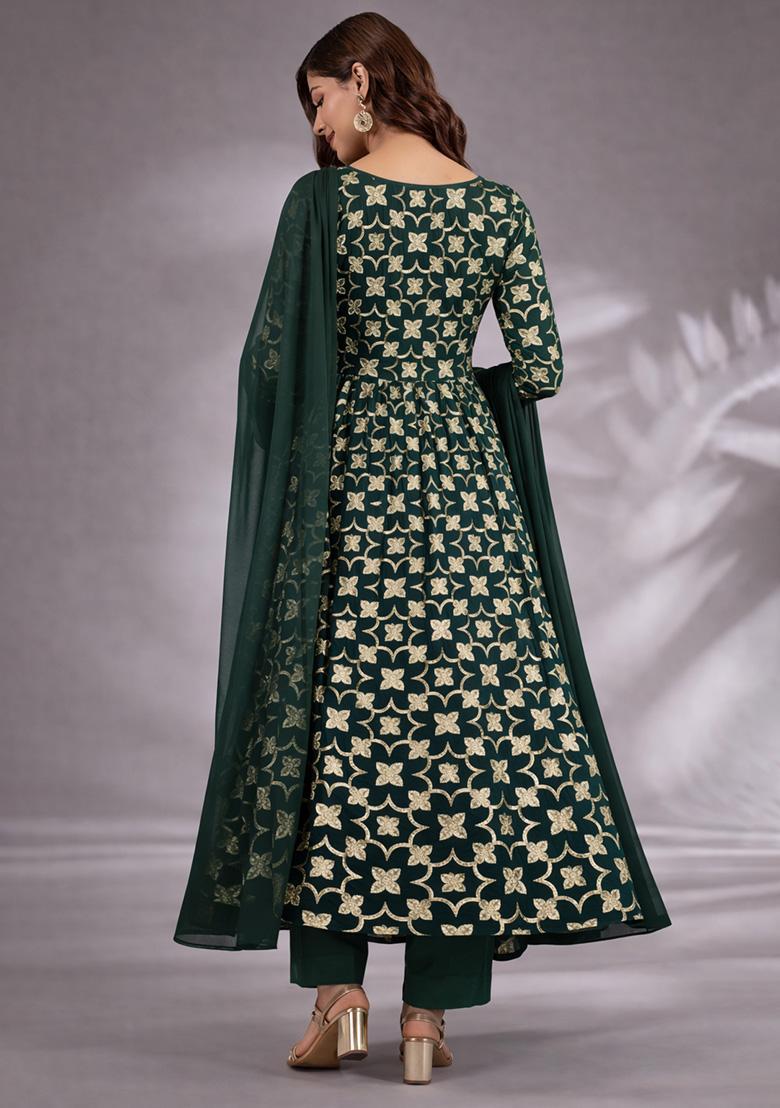 Bottle Green Jacquard Silk Blend Anarkali Set - Indya