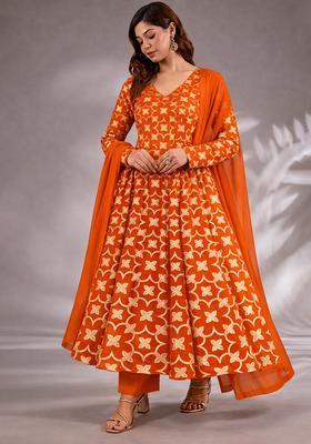 Orange Jacquard Silk Blend Anarkali Set