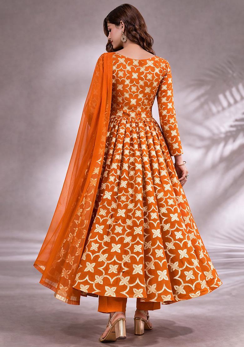 Orange Jacquard Silk Blend Anarkali Set - Indya