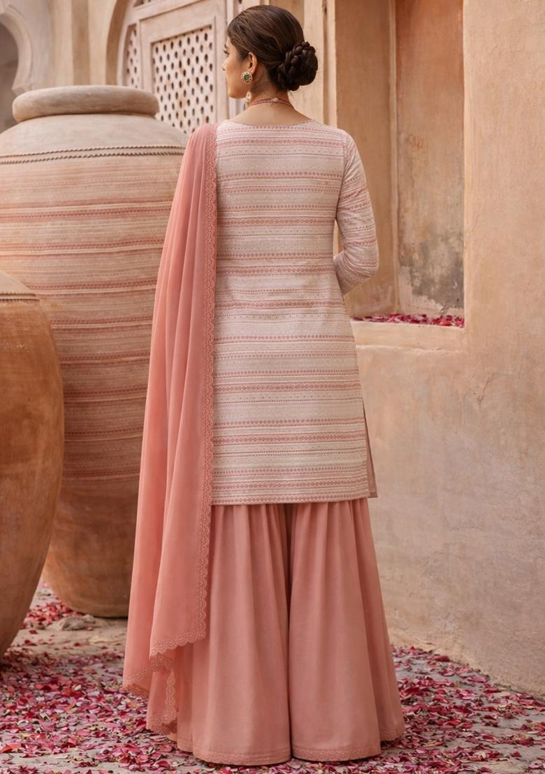 Peach Embellished Georgette Sharara Set - Indya