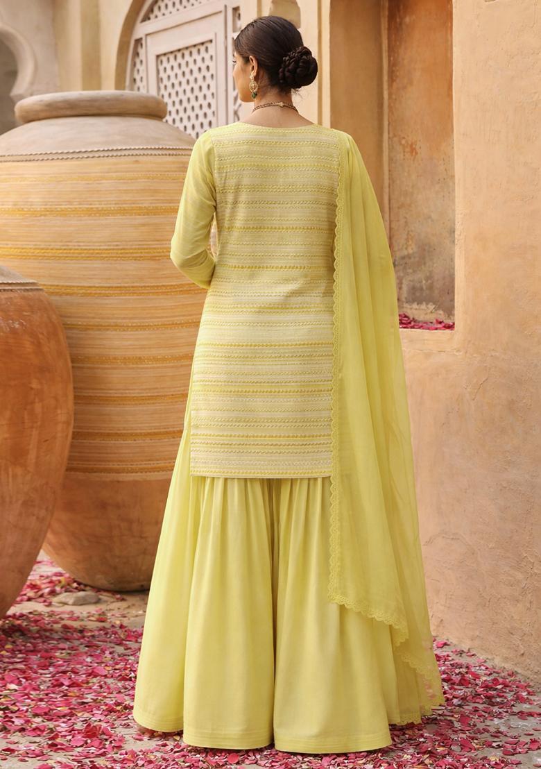 Butter Yellow Embellished Georgette Sharara Set - Indya