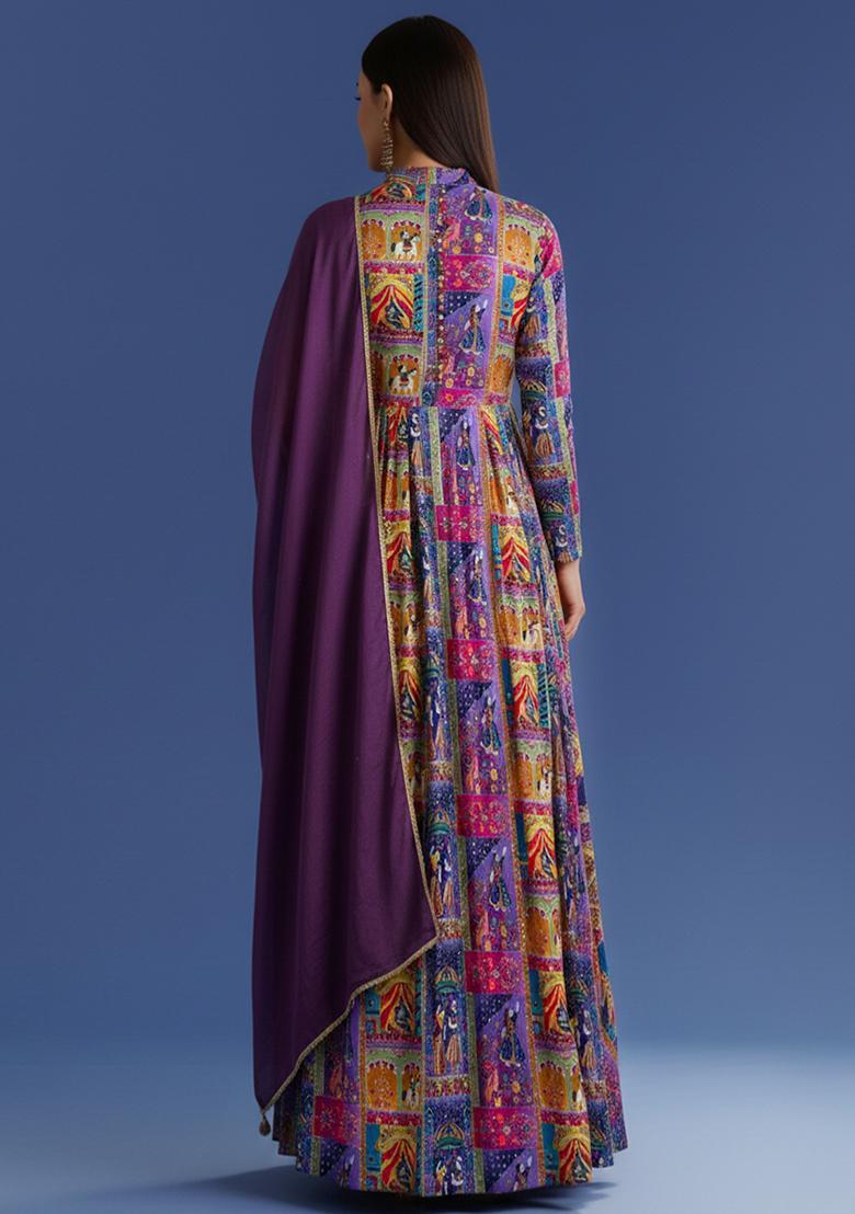 Deep Purple Figure Print Chinon Anarkali With Dupatta - Indya